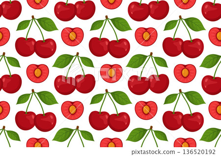 Seamless pattern with whole cherries, halves and green leaves. Bright flat style Seamless pattern with whole cherries, halves and green leaves. Bright flat style 136520192