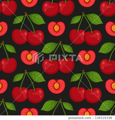 Seamless pattern with whole cherries, halves and green leaves. Bright flat style Seamless pattern with whole cherries, halves and green leaves. Bright flat style 136520196