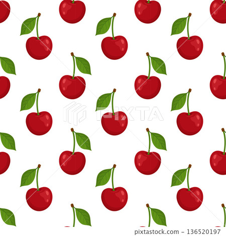 Seamless pattern of red cherries with green leaf and stem. Bright flat style Seamless pattern of red cherries with green leaf and stem. Bright flat style 136520197
