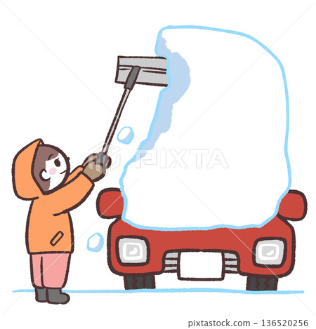 Illustration of a person in a heavy snow region clearing snow from his car 136520256