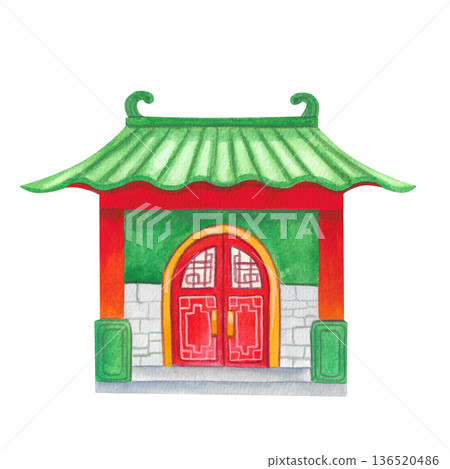 Festive traditional house with red beams and green roof tiles. Hand-drawn watercolor illustration. Asian culture and holiday design. Festive traditional house with red beams and green roof tiles. Hand-drawn watercolor illustration. Asian culture and holiday design. 136520486