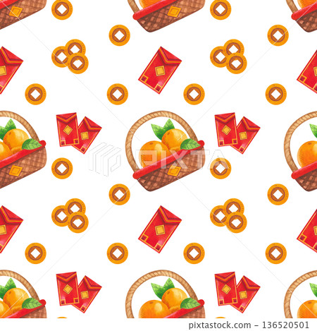 Seamless watercolor Chinese New Year pattern with Asian-inspired elements. Festive red envelope and fruit basket. Hand-drawn watercolor illustration. 136520501
