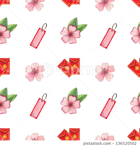 Seamless watercolor Chinese New Year pattern with Asian-inspired elements. Festive red envelope and flowers. Hand-drawn watercolor illustration. 136520502