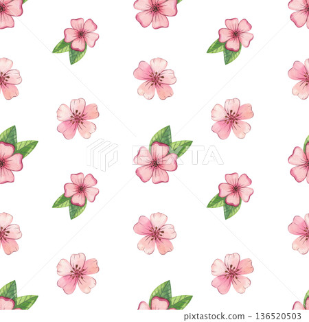 Seamless watercolor pattern with Asian-inspired elements. Cherry blossoms with green leaves. Hand-drawn watercolor illustration. 136520503