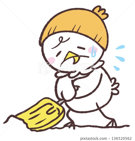 Illustration of a white bird struggling to shovel snow 136520562