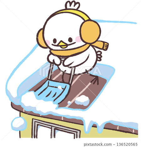 Illustration of a white bird removing snow from a roof 136520565