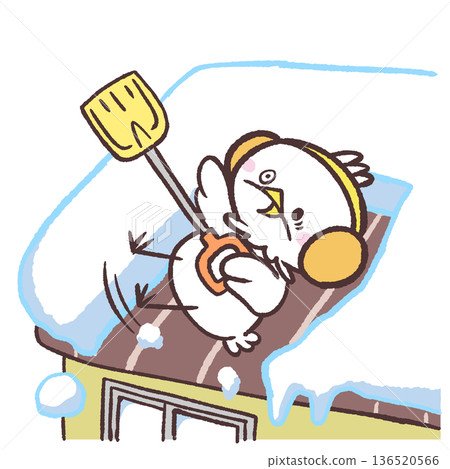 Illustration of a white bird sliding down a roof while removing snow 136520566