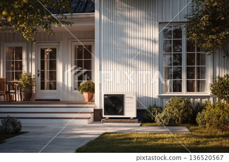 A modern heat pump unit installed outside a minimalist Scandinavian-style home with wood siding and large windows A modern heat pump unit installed outside a minimalist Scandinavian-style home with wood siding and large windows 136520567