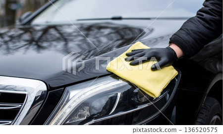 A man cleaning black car with microfiber cloth, car detailing A man cleaning black car with microfiber cloth, car detailing 136520575