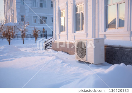 A modern heat pump unit standing outside a neat residential building covered in fresh snow during winter. A modern heat pump unit standing outside a neat residential building covered in fresh snow during winter. 136520583