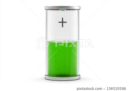 A translucent cylindrical battery standing vertically with a plus sign, half-filled with green energy. 136520586
