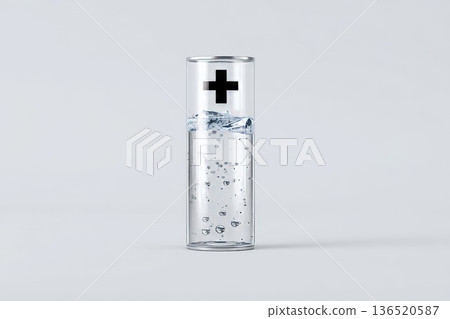 A vertically standing cylindrical battery with a plus sign on top, half-filled with glowing energy. 136520587