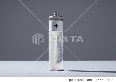A vertically standing cylindrical battery with a plus sign on top, half-filled with glowing energy. 136520588
