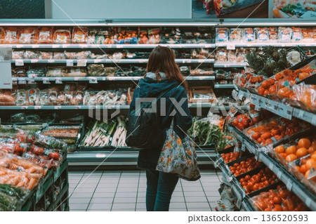 A woman viewed from behind as she stands in a supermarket aisle looking at shelves of fresh vegetables. 136520593