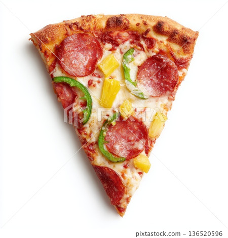 An appetizing slice of fresh pizza with melted cheese, isolated on a clean white background. 136520596