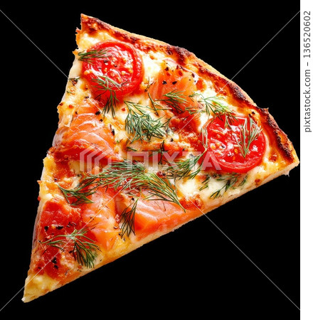 An appetizing slice of pizza with red fish on a transparent background An appetizing slice of pizza with red fish on a transparent background 136520602