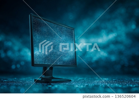 An analytical computer with a display for AI computing, set against a blue-turquoise background with text space 136520604