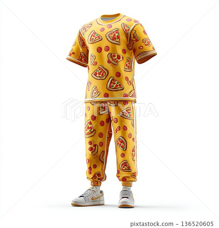 A stylish outfit featuring bright yellow pants paired with a trendy t-shirt with a pizza pattern 136520605