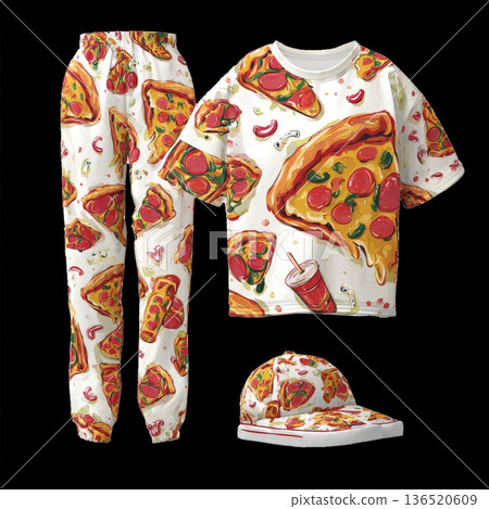 A stylish outfit featuring bright pants paired with a trendy t-shirt with a pizza pattern A stylish outfit featuring bright pants paired with a trendy t-shirt with a pizza pattern 136520609