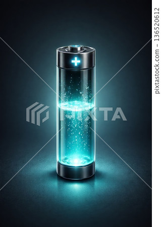 A translucent cylindrical battery standing vertically with a plus sign, half-filled with blue energy. 136520612