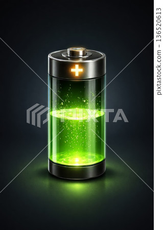 A translucent cylindrical battery standing vertically with a plus sign, half-filled with green energy. 136520613