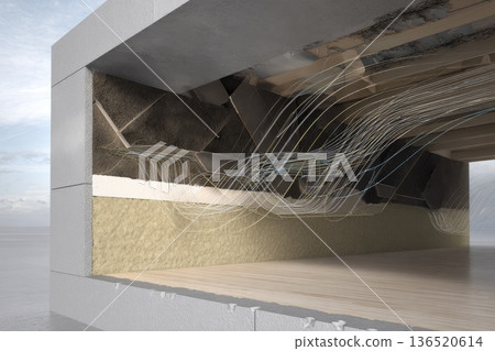 A close-up cutaway of a building wall showing insulation, concrete, and air gap with energy flow lines. 136520614