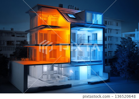 Cutaway view of a multiapartment house at night with heat leaking through windows and roofs into the cold blue air. Cutaway view of a multiapartment house at night with heat leaking through windows and roofs into the cold blue air. 136520648