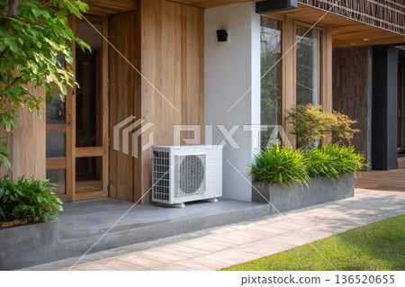Modern heat pump installed outside a residential building with stylish wood and concrete exterior trim. Modern heat pump installed outside a residential building with stylish wood and concrete exterior trim. 136520655