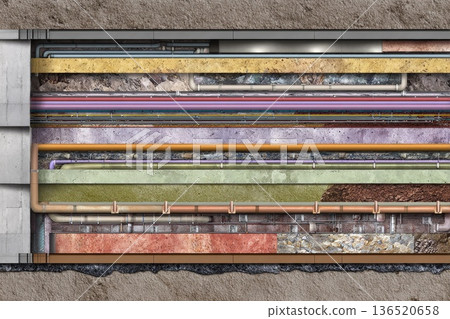 Horizontal cross section of a residential building showing aligned layers of plumbing, wiring, and structural parts. Horizontal cross section of a residential building showing aligned layers of plumbing, wiring, and structural parts. 136520658