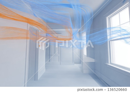 Interior room visualization with smooth airflow lines showing cool blue air entering and warm orange air exiting. 136520660