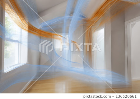Interior room visualization with smooth airflow lines showing cool blue air entering and warm orange air exiting. Interior room visualization with smooth airflow lines showing cool blue air entering and warm orange air exiting. 136520661