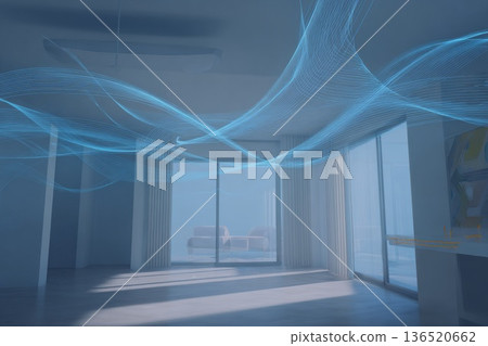 Interior room visualization showing controlled airflow lines with cool blue air entering and warm air exiting. Interior room visualization showing controlled airflow lines with cool blue air entering and warm air exiting. 136520662
