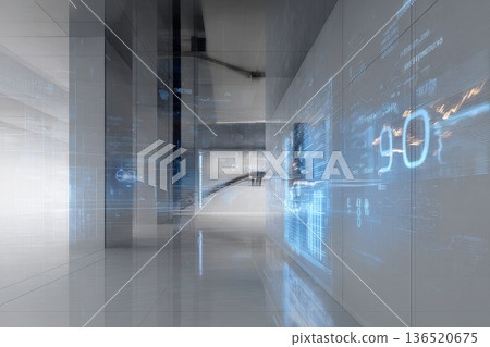 An abstract technical interior with energy data, numbers, and graphs softly projected onto walls in cool tones. An abstract technical interior with energy data, numbers, and graphs softly projected onto walls in cool tones. 136520675