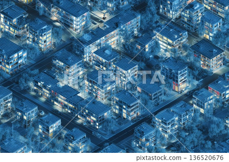 An aerial cutaway of a city block showing even energy distribution with cool blue tones and warm interiors. 136520676