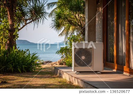 A close-up of a heat pump near a house on a tropical coast A close-up of a heat pump near a house on a tropical coast 136520677