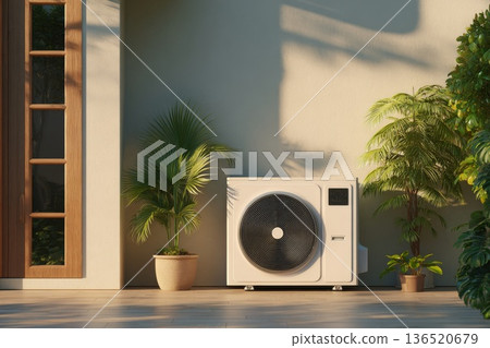 A close-up of a modern heat pump unit installed outside a residential house in a lush green garden. A close-up of a modern heat pump unit installed outside a residential house in a lush green garden. 136520679