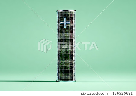 Isolated electronic tower with detailed circuitry on mint backdrop. Futuristic highcontrast server model showcasing intricate internal components and network design elements Isolated electronic tower with detailed circuitry on mint backdrop. Futuristic highcontrast server model showcasing intricate internal components and network design elements 136520681