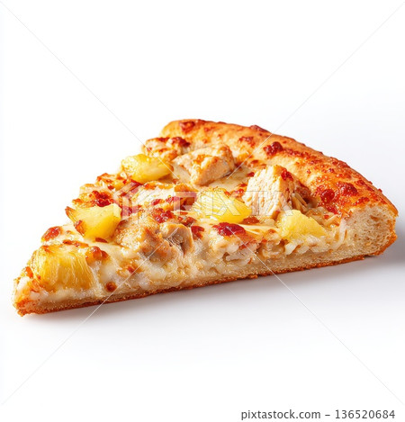 A delicious slice of pizza with chicken and pineapple on a white background 136520684