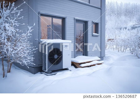 A modern heat pump unit standing outside a neat residential building covered in fresh snow during winter. A modern heat pump unit standing outside a neat residential building covered in fresh snow during winter. 136520687