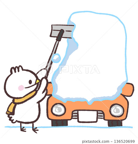 Illustration of a white bird in a heavy snow region clearing snow from a car Illustration of a white bird in a heavy snow region clearing snow from a car 136520699