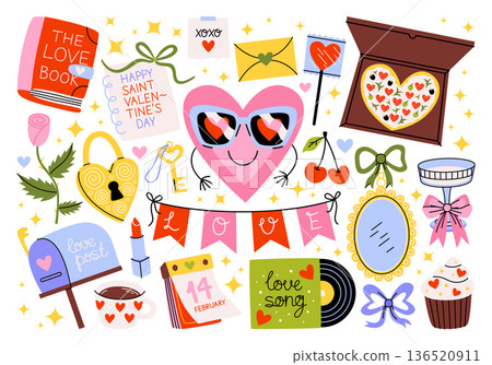 Set of romantic Valentine's Day stickers. Love, infatuation, passion, heart character, champagne glass, mug, calendar, key, lock, heart-shaped pizza, cupcake. Illustrations for weddings, celebrations. Set of romantic Valentine's Day stickers. Love, infatuation, passion, heart character, champagne glass, mug, calendar, key, lock, heart-shaped pizza, cupcake. Illustrations for weddings, celebrations. 136520911