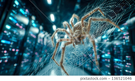 Spider on the web in a server room with electronic components. Malware threat hacker concept. 136521046