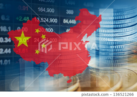 China flag with stock market finance, economy trend graph digital technology. China flag with stock market finance, economy trend graph digital technology. 136521266