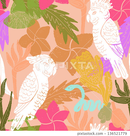 seamless pattern with colorful birds on a tropical seamless pattern with colorful birds on a tropical 136521779