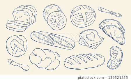 Mediterranean bread doodle set in blue. Hand drawn line art of italian and french cuisine. La dolce vita table wettings, cafe and restaurant menus, branding. Vector isolated Mediterranean bread doodle set in blue. Hand drawn line art of italian and french cuisine. La dolce vita table wettings, cafe and restaurant menus, branding. Vector isolated 136521855