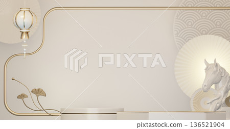 Happy Chinese New Year 2026 with mock up white and gold podium design on white background design. 3D rendering Happy Chinese New Year 2026 with mock up white and gold podium design on white background design. 3D rendering 136521904