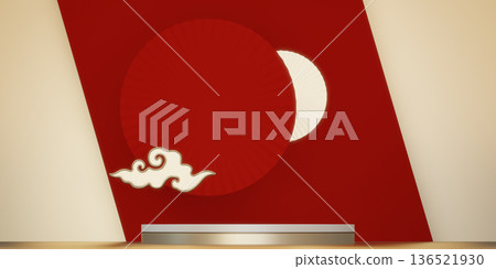 Happy Chinese new year 2026 with circle podium for show product and decoration China on red color style background.3D rendering Happy Chinese new year 2026 with circle podium for show product and decoration China on red color style background.3D rendering 136521930