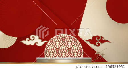 Happy Chinese new year 2026 with circle podium for show product and decoration China on red color style background.3D rendering Happy Chinese new year 2026 with circle podium for show product and decoration China on red color style background.3D rendering 136521931