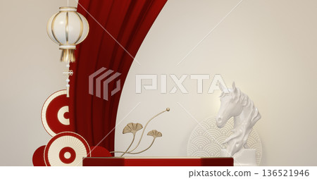 Happy Chinese new year 2026 with circle podium for show product and decoration China on red color style background.3D rendering 136521946