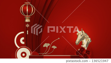 Happy Chinese new year 2026 with circle podium for show product and decoration China on red color style background.3D rendering Happy Chinese new year 2026 with circle podium for show product and decoration China on red color style background.3D rendering 136521947